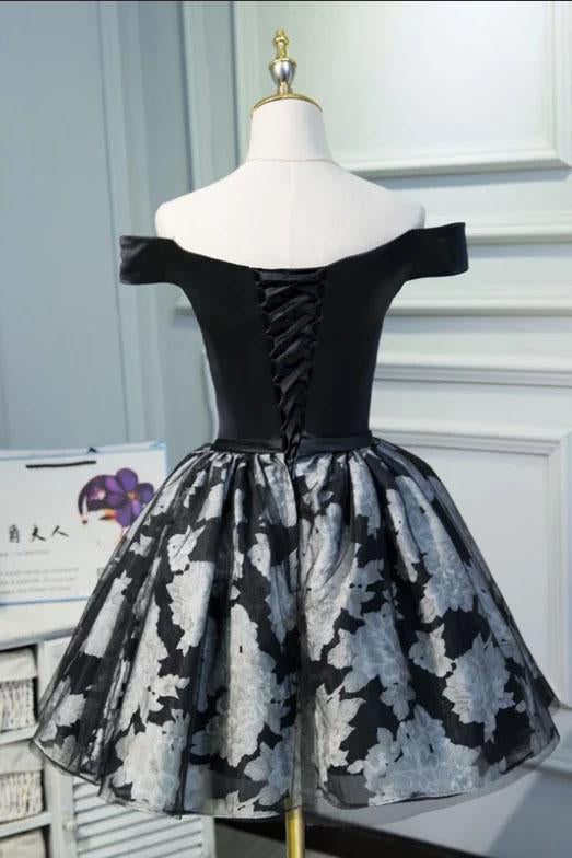 Black Satin Off the Shoulder Cute Homecoming Dresses Short Prom Dress Hoco Gowns SJS14967