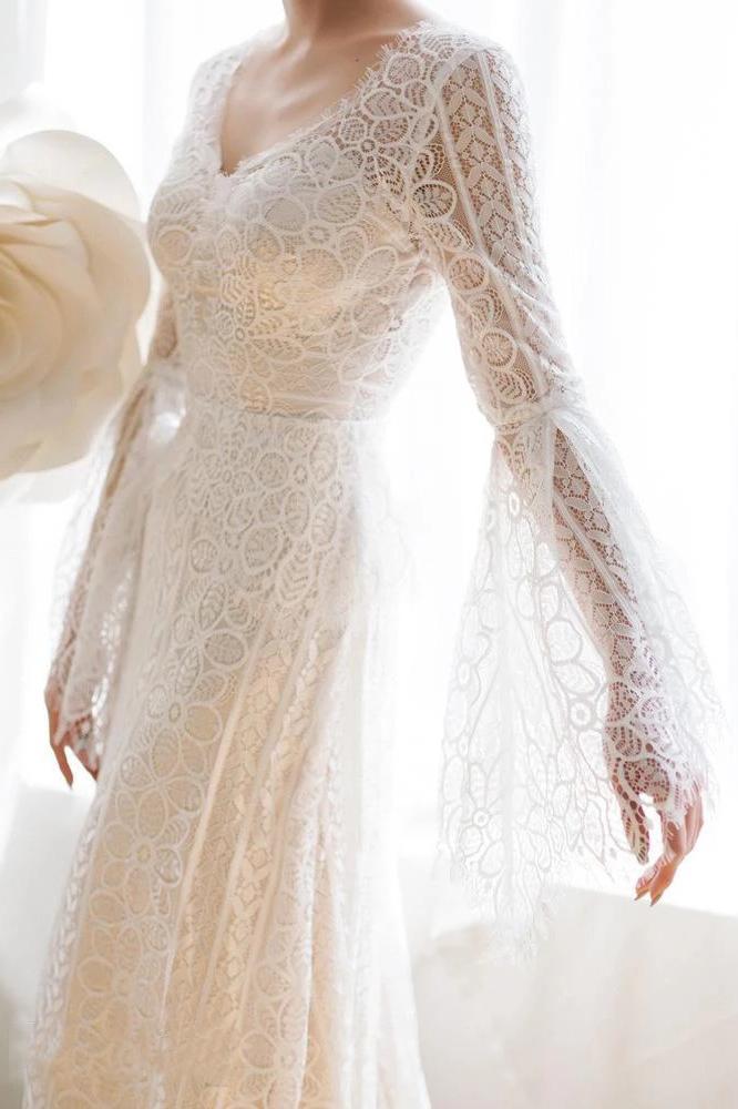 Unique V Neck Lace-up Mermaid Back Bridal Dresses Ivory Lace Trumpet Sleeve Wedding Dresses SRS15469