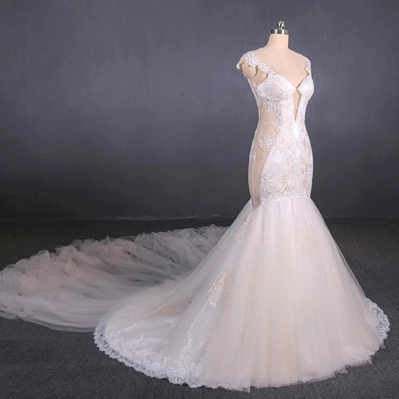 Charming Mermaid Tulle V-neck Wedding Dress, Sheer Back Long Bridal Dresses SRS15112