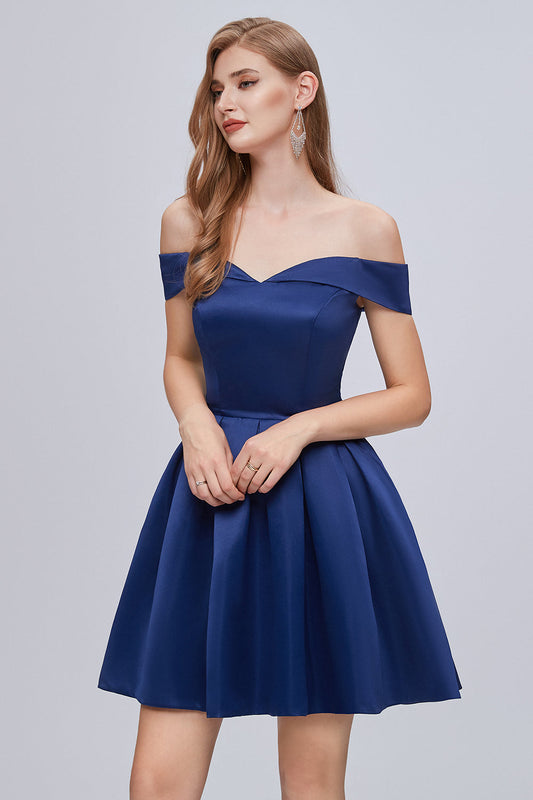 Cute Blue Off The Shoulder Lace Up Satin Homecoming Dresses