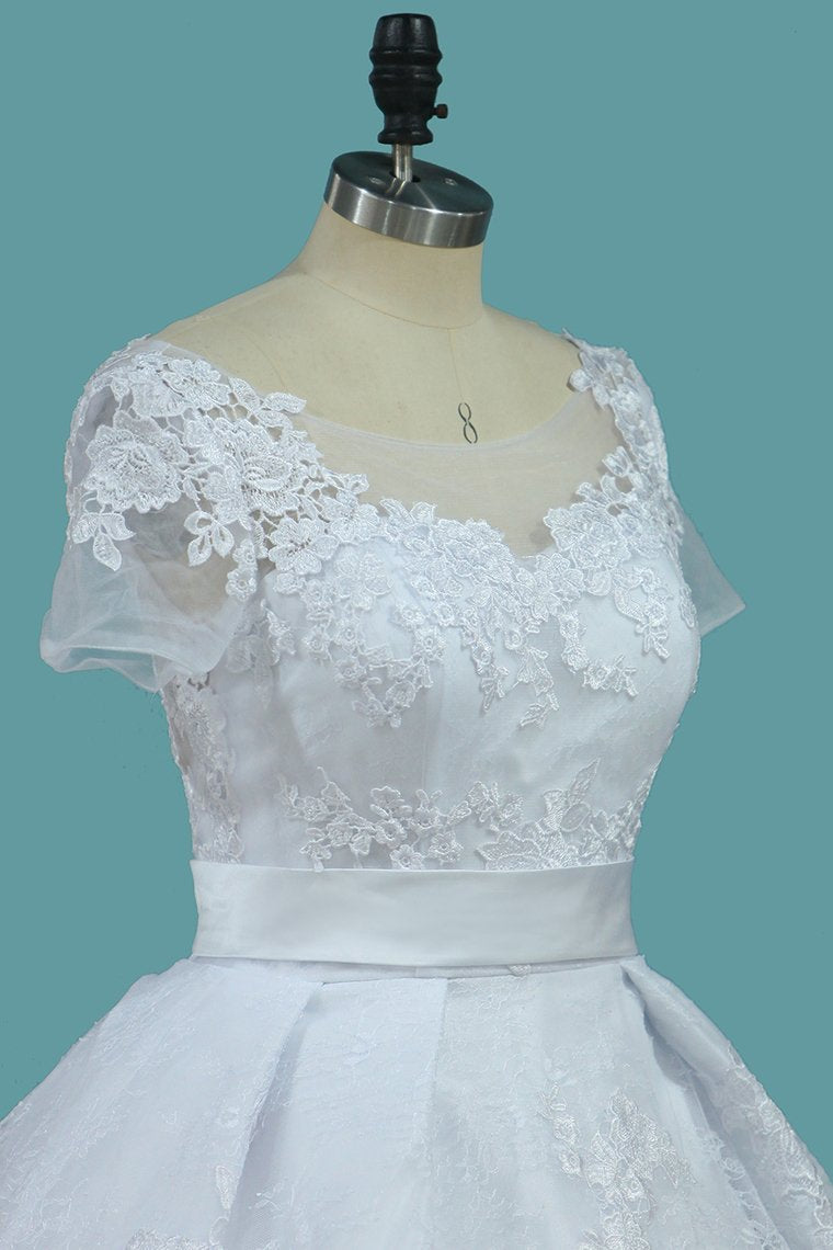 Mermaid Tulle Scoop Short Sleeve Wedding Dresses With Applique And Sash Sweep Train