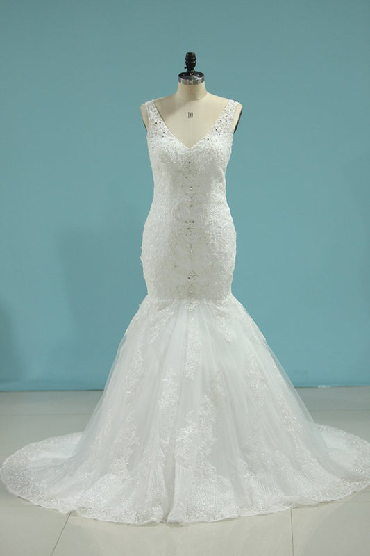 Romantic Wedding Dresses Mermaid V-Neck Court Train Beaded Tulle Open Back With Zipper