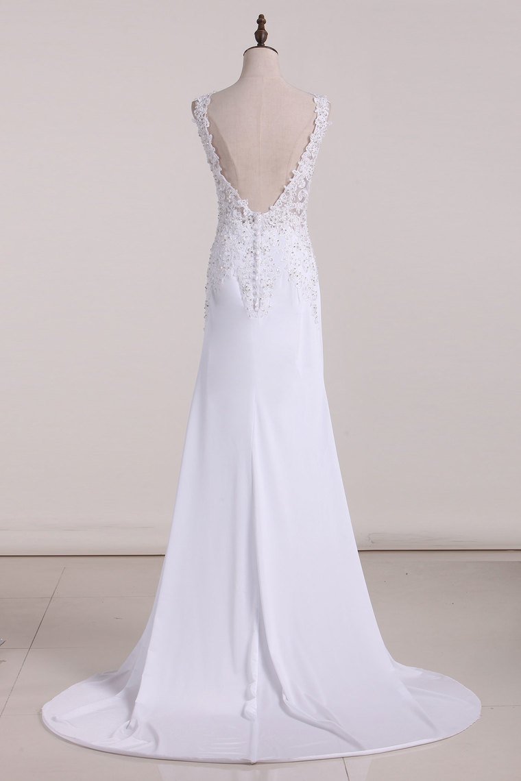 Sexy Open Back V Neck Spandex Wedding Dresses Mermaid With Applique And Beads