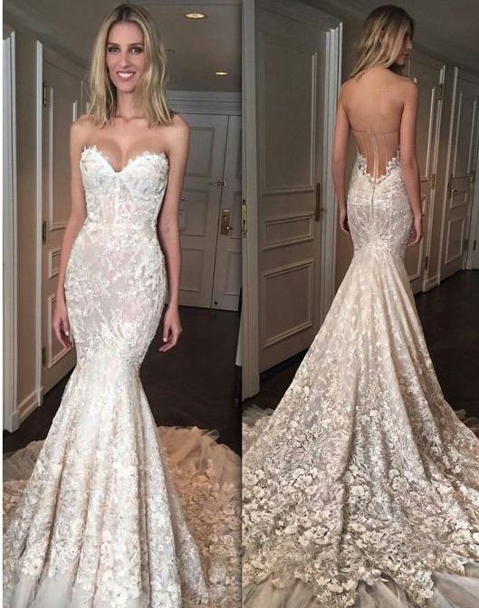 Gorgeous Mermaid Sweetheart Court Train Tulle Wedding Dresses with Appliques Lace JS275