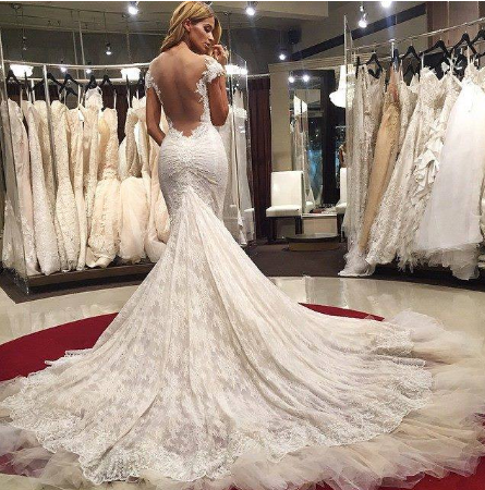 Gorgeous Scoop Illusion Back Cap Sleeves Court Train Lace Sexy Mermaid Wedding Dresses JS285