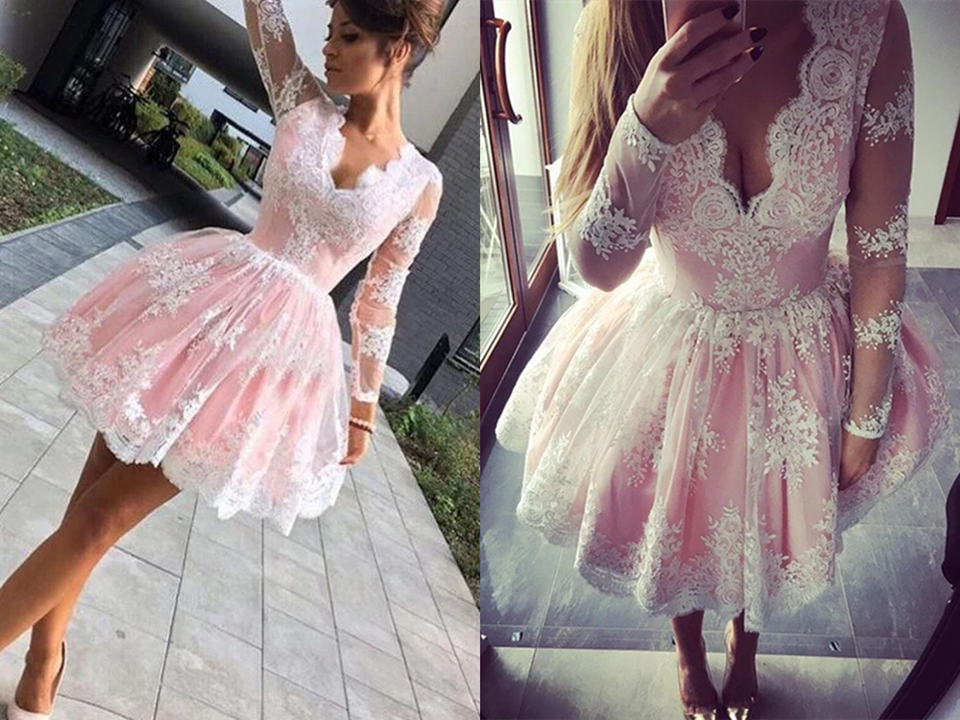 Cute A line Long Sleeves Pink Short Lace Appliques V Neck Homecoming Dress,cocktail dress