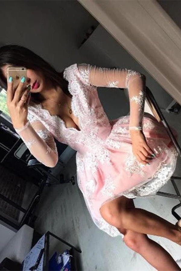 Cute A line Long Sleeves Pink Short Lace Appliques V Neck Homecoming Dress,cocktail dress