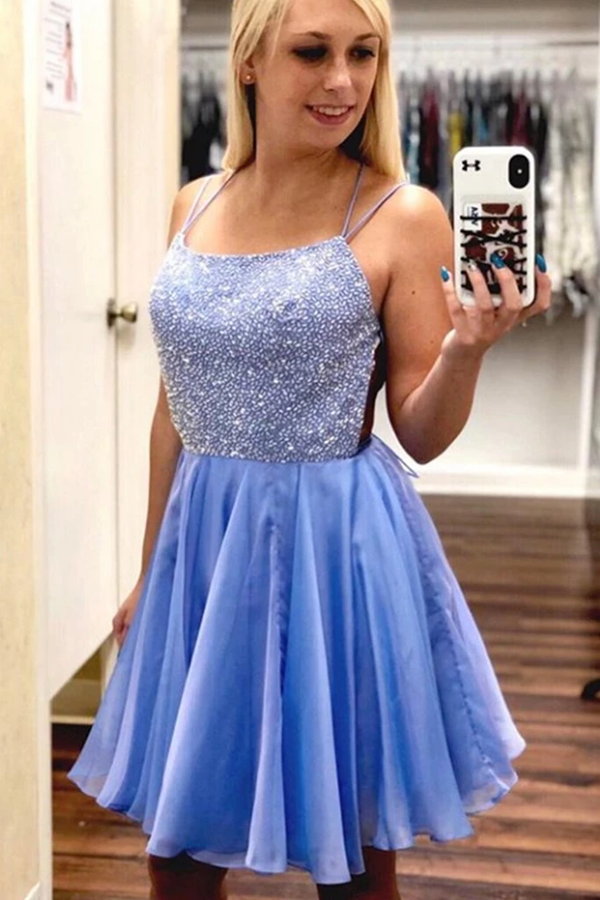 Spaghetti Straps Chiffon Homecoming Dresses with Beading,cocktail dress