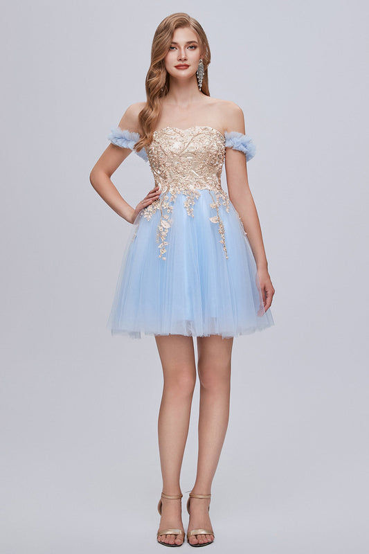 Chic Blue Off The Shoulder Lace Appliques Tulle Homecoming Dresses