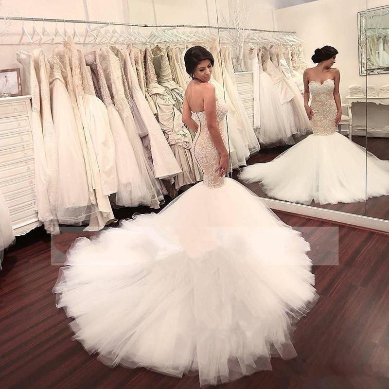 Stunning Mermaid Strapless Sweetheart Tulle Wedding Dresses with Appliques, Wedding Gowns SRS15439