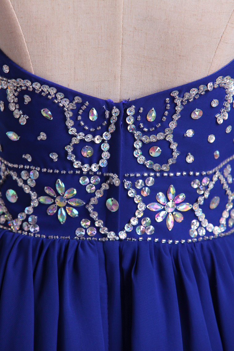 Scoop A Line Dark Royal Blue Homecoming Dresses Beaded Bodice Tulle&Chiffon Short