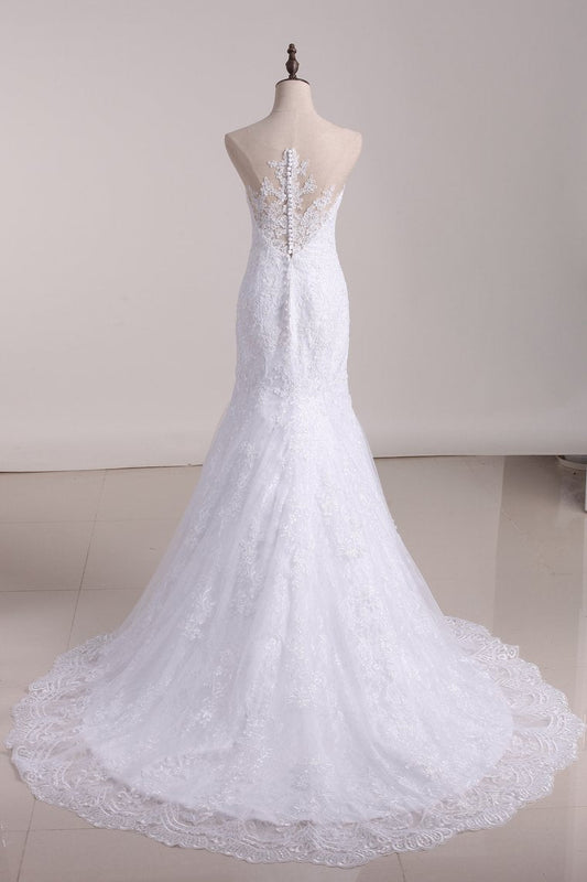 2024 Court Train Scoop Mermaid Wedding Dresses Tulle With Applique