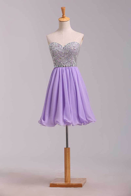 2024 Homecoming Dresses A Line Short/Mini Sweetheart Chiffon With Beads Color Lilac