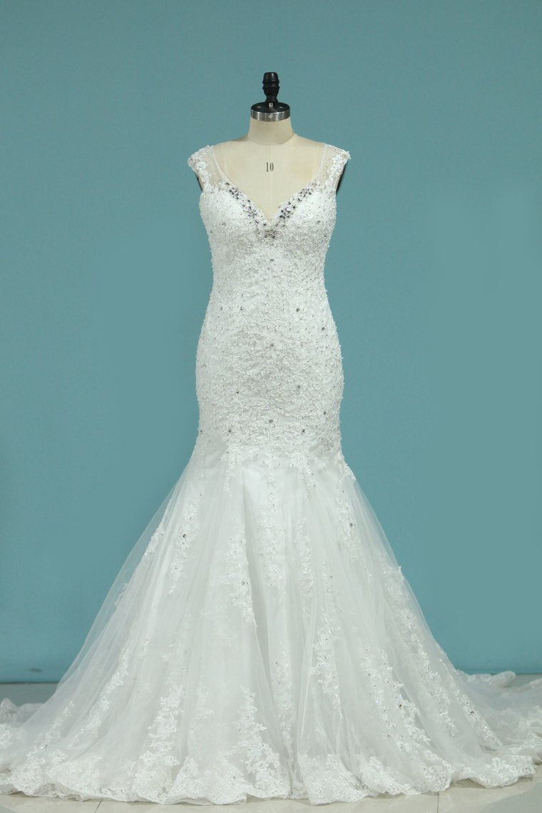 New Arrival Wedding Dresses V Neck Mermaid Tulle With Applique Chapel Train