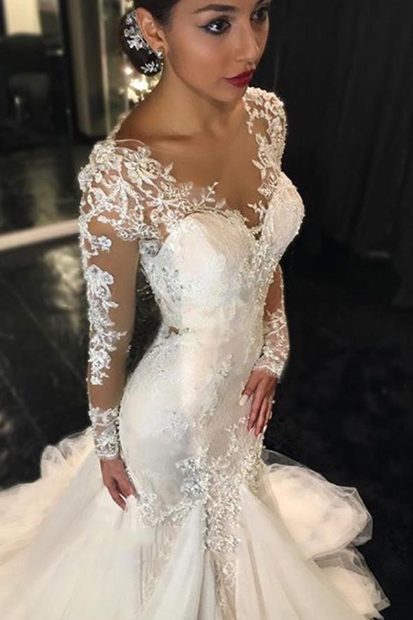 Long Sleeves Court Train Ivory V-Neck Mermaid Tulle Wedding Dress With Lace Appliques JS64