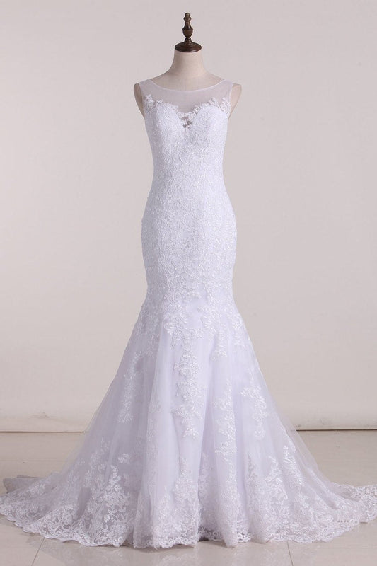 Mermaid Scoop Tulle With Applique Court Train Wedding Dresses