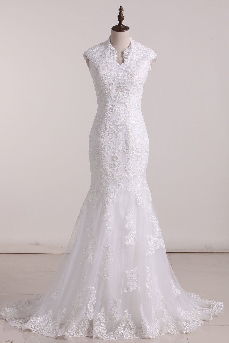 2024 Mermaid V Neck Wedding Dresses Tulle With Applique And Sash Sweep Train