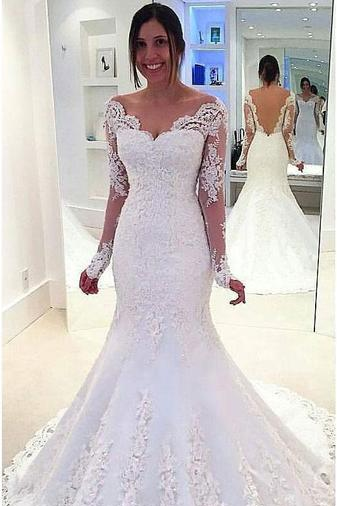 Mermaid/Trumpet Bateau Tulle Wedding Dresses With Applique Long Sleeves