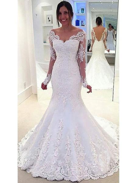 Mermaid/Trumpet Bateau Tulle Wedding Dresses With Applique Long Sleeves