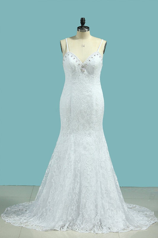 Mermaid Spaghetti Straps Wedding Dresses Open Back Lace With Beading