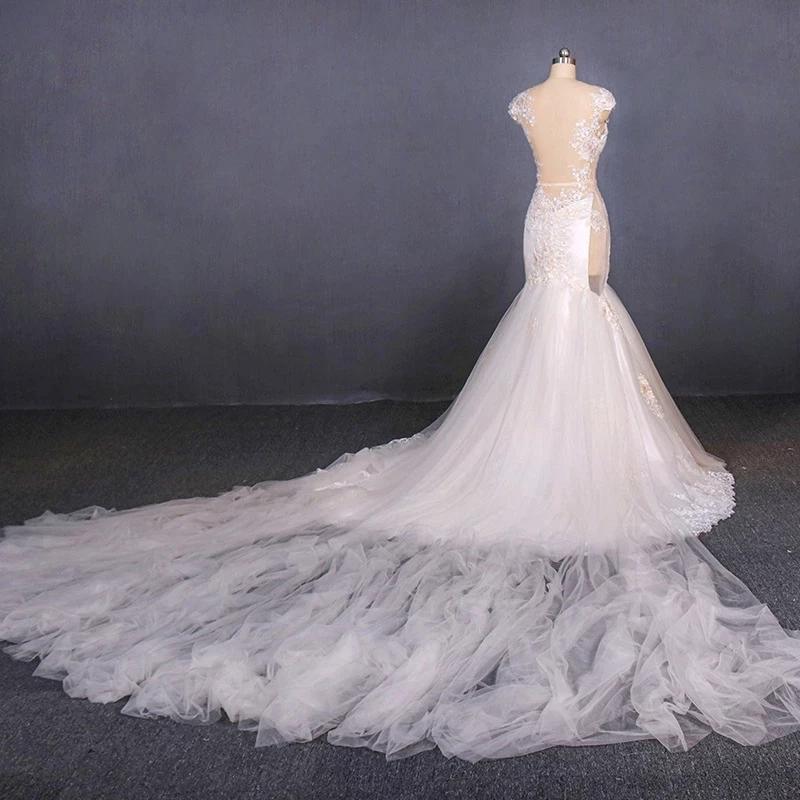 Charming Mermaid Tulle V-neck Wedding Dress, Sheer Back Long Bridal Dresses SRS15112