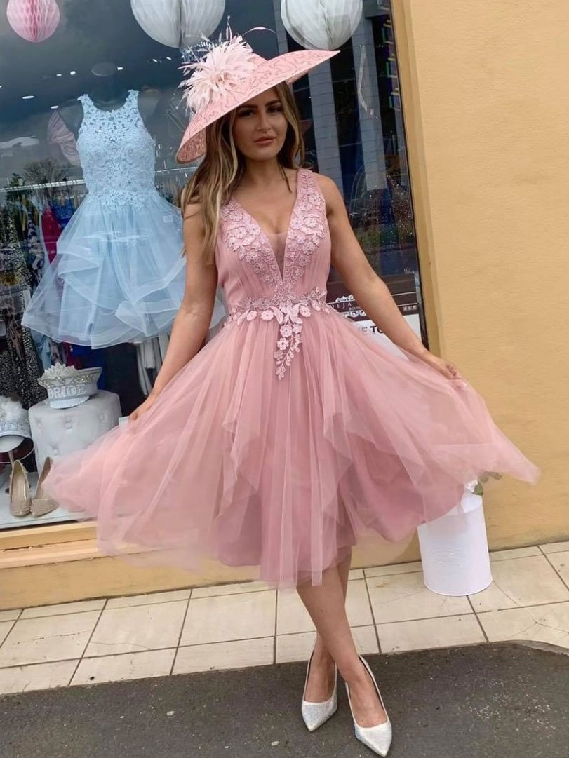 Pink v neck tulle lace short cocktail dresses,Sexy lace formal dress