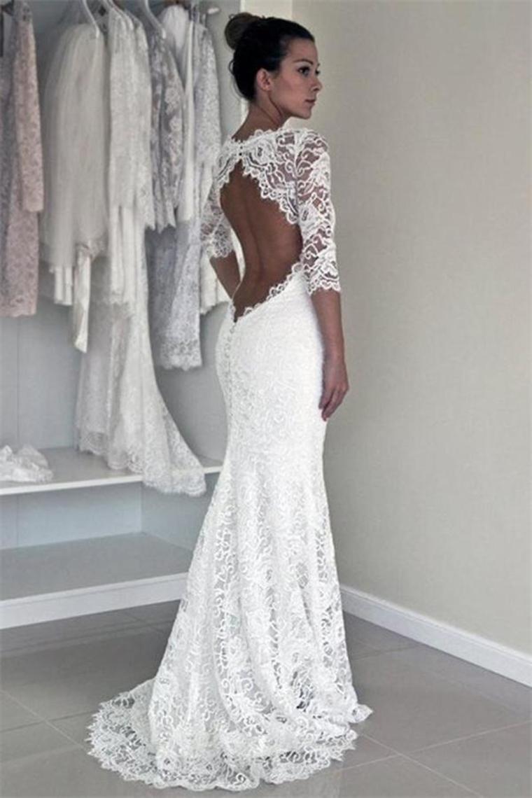 Sheath Long Mermaid Open Back Ivory Wedding Dresses With Sleeves