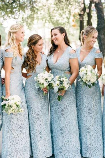 Mermaid Lace Baby Blue V Neck Bridesmaid Dresses for Wedding SRS15653