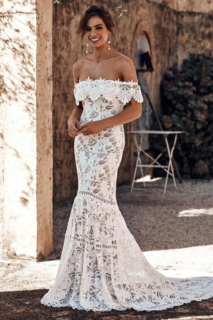 Elegant Off the Shoulder Ivory Lace Mermaid Beach Wedding Dress, Cheap Bridal Dress SRS15188