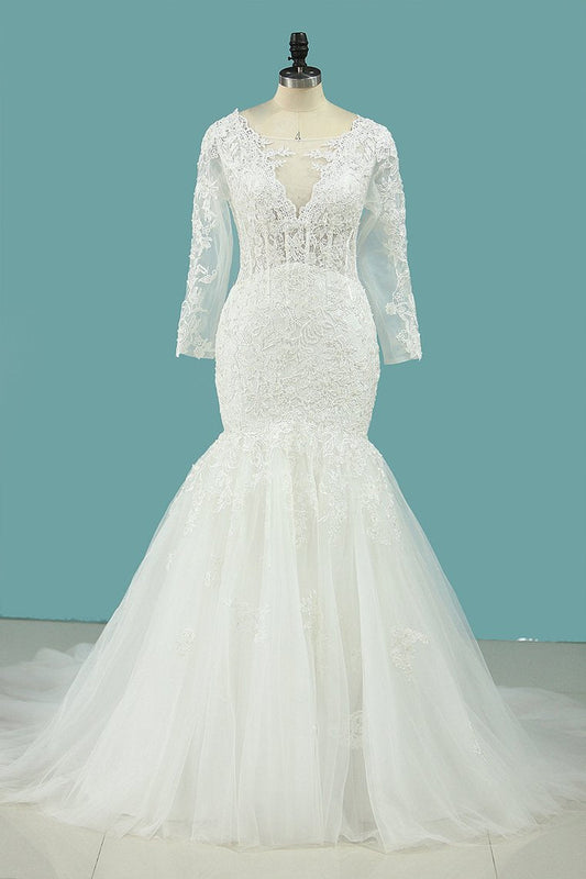 2024 Elegant Mermaid Wedding Dresses Scoop Tulle With Appliques Long Sleeves Zipper Up