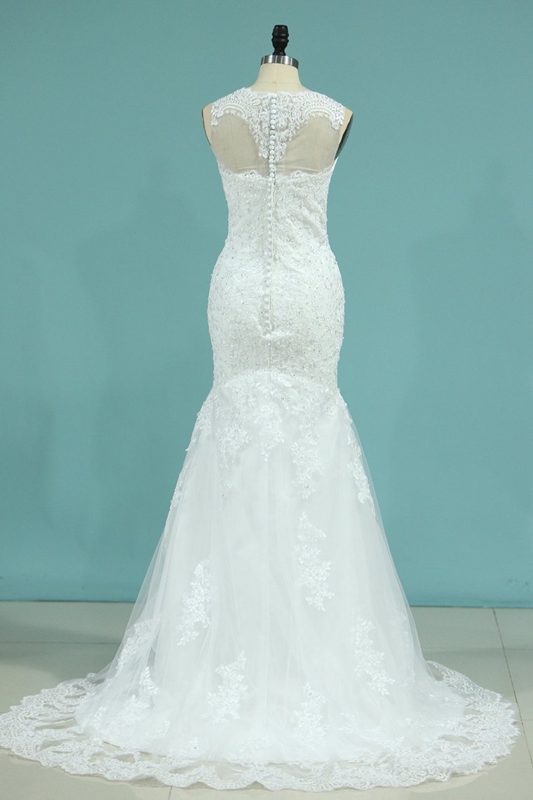 2024 Wedding Dresses Mermaid Scoop Sweep Train Tulle With Applique