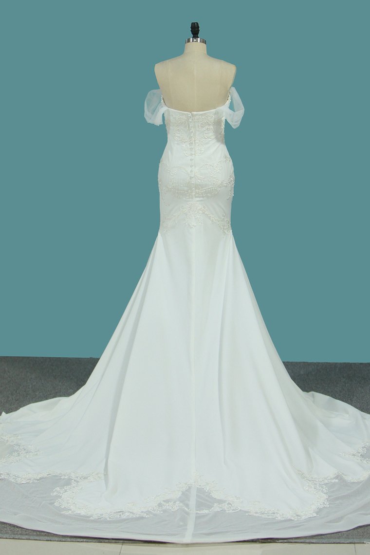 Wedding Dresses Mermaid Satin Off The Shoulder With Applique And Beads Cathedral Train