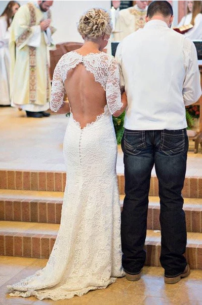 2024 Long Sleeve Lace Open Back Mermaid Long Custom Affordable Wedding SRS10083