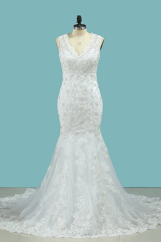 2024 New Arrival V Neck Wedding Dresses Tulle Mermaid With Applique And Beads