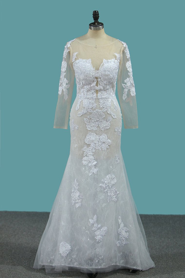 Scoop Long Sleeves Tulle & Lace Mermaid With Applique Chapel Train Detachable Wedding Dresses