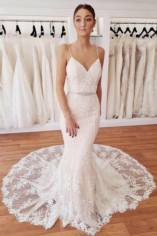 Elegant Spaghetti Straps Mermaid V Neck Lace Wedding Dresses Beach Bridal Dresses SRS15202