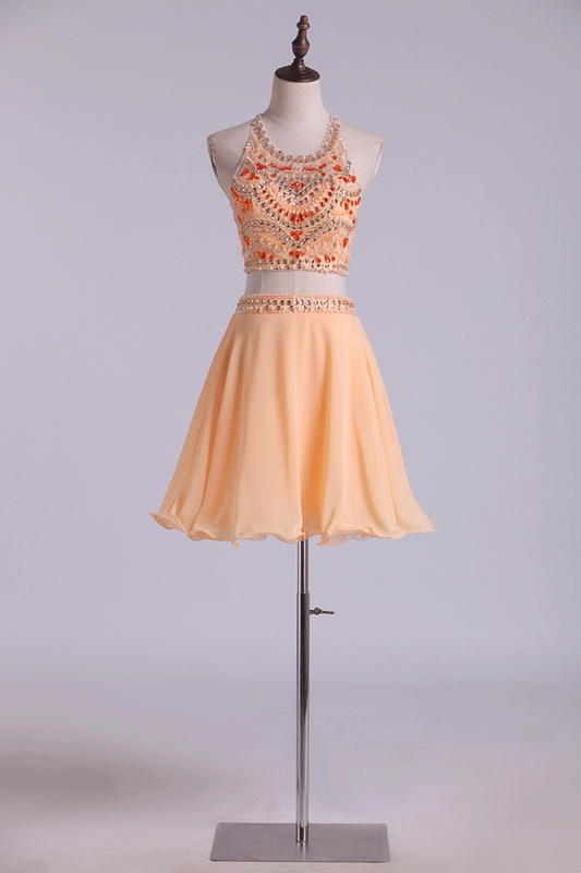 Two-Piece Halter Short Homecoming Dresses Chiffon Beaded Bodice