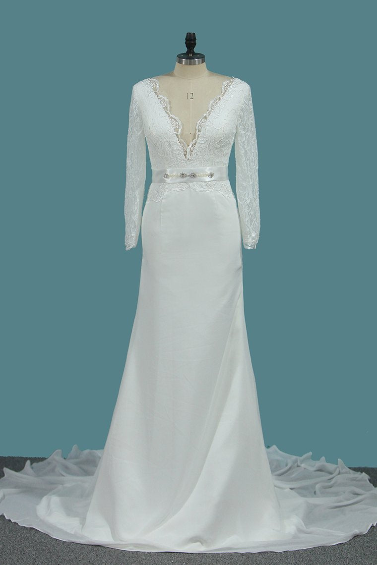 2024 Chiffon Long Sleeves V Neck Wedding Dresses Mermaid With Sash