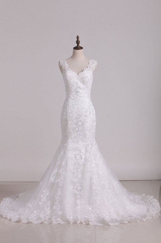 Wedding Dress V Neck With Applique Mermaid/Trumpet Tulle Chapel Train