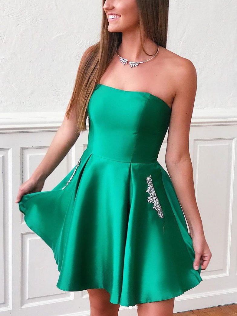 Simple green satin short cocktail dresses,Back Open homecoming dress