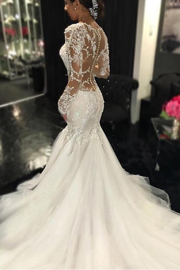 Long Sleeves Court Train Ivory V-Neck Mermaid Tulle Wedding Dress With Lace Appliques JS64