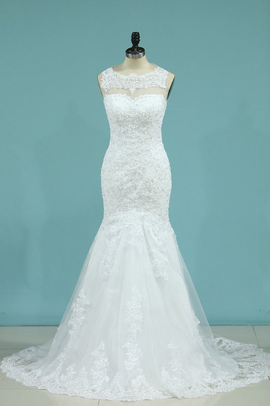 Wedding Dresses Mermaid Scoop Sweep Train Tulle With Applique