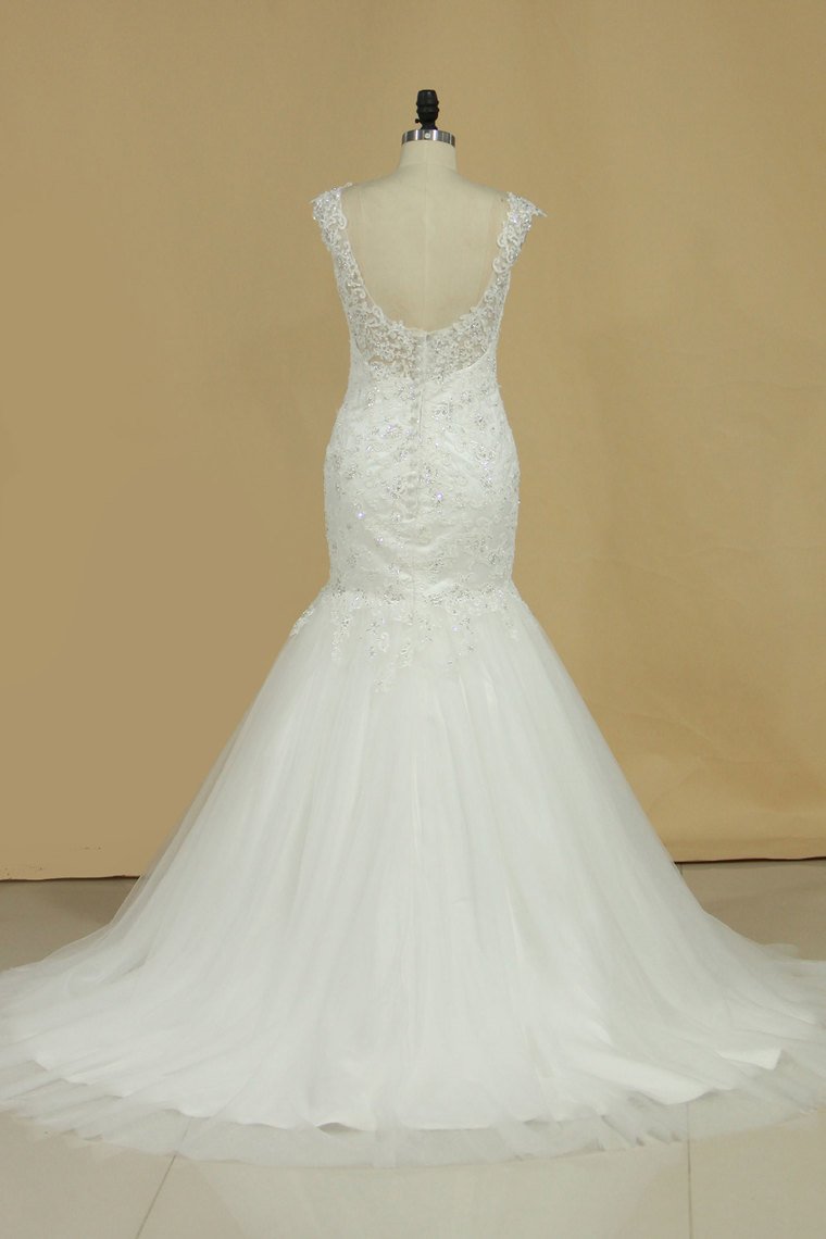 Mermaid Wedding Dresses Straps Tulle Court Train With Applique