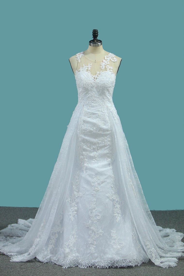 Mermaid Wedding Dresses Tulle Scoop With AppliqueCourt Train Detachable