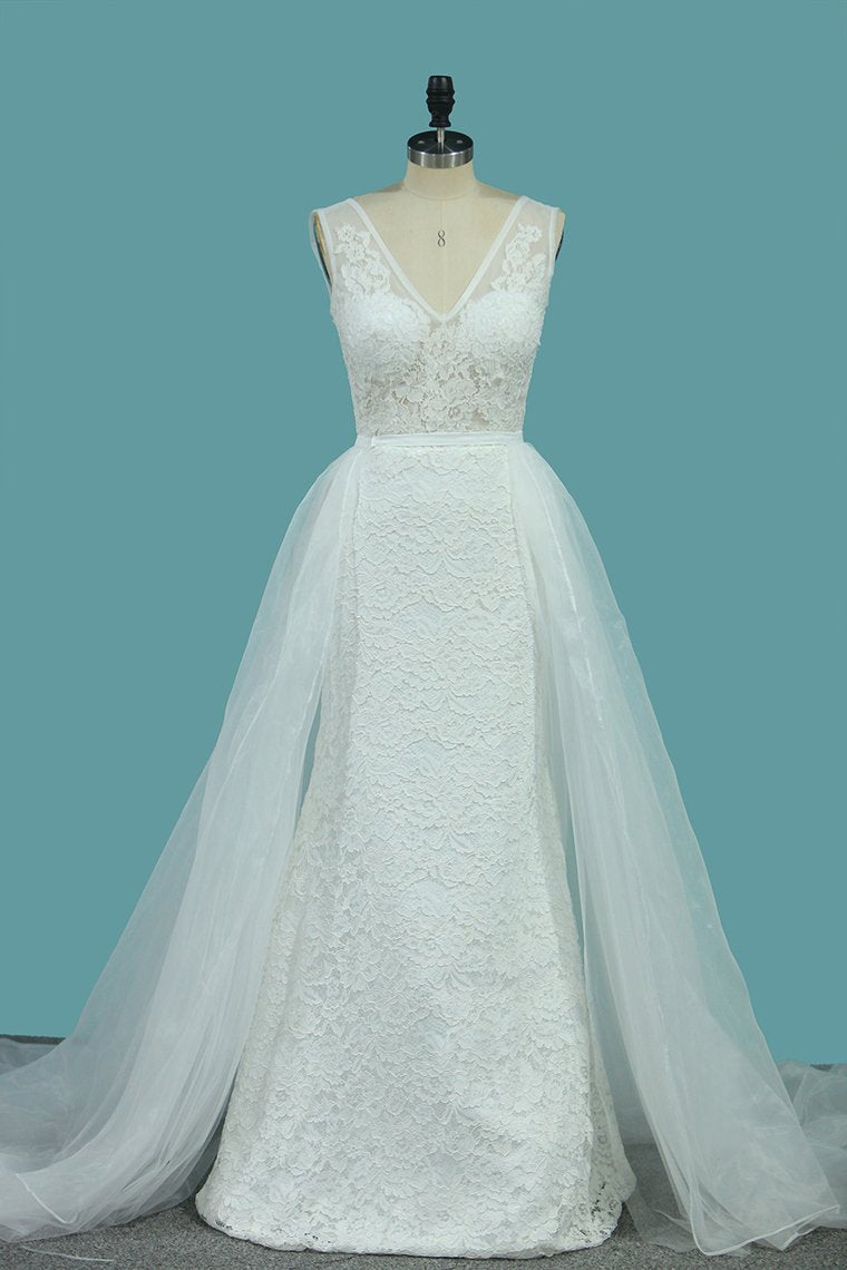 Lace V Neck Wedding Dresses Mermaid With Sash Court Train