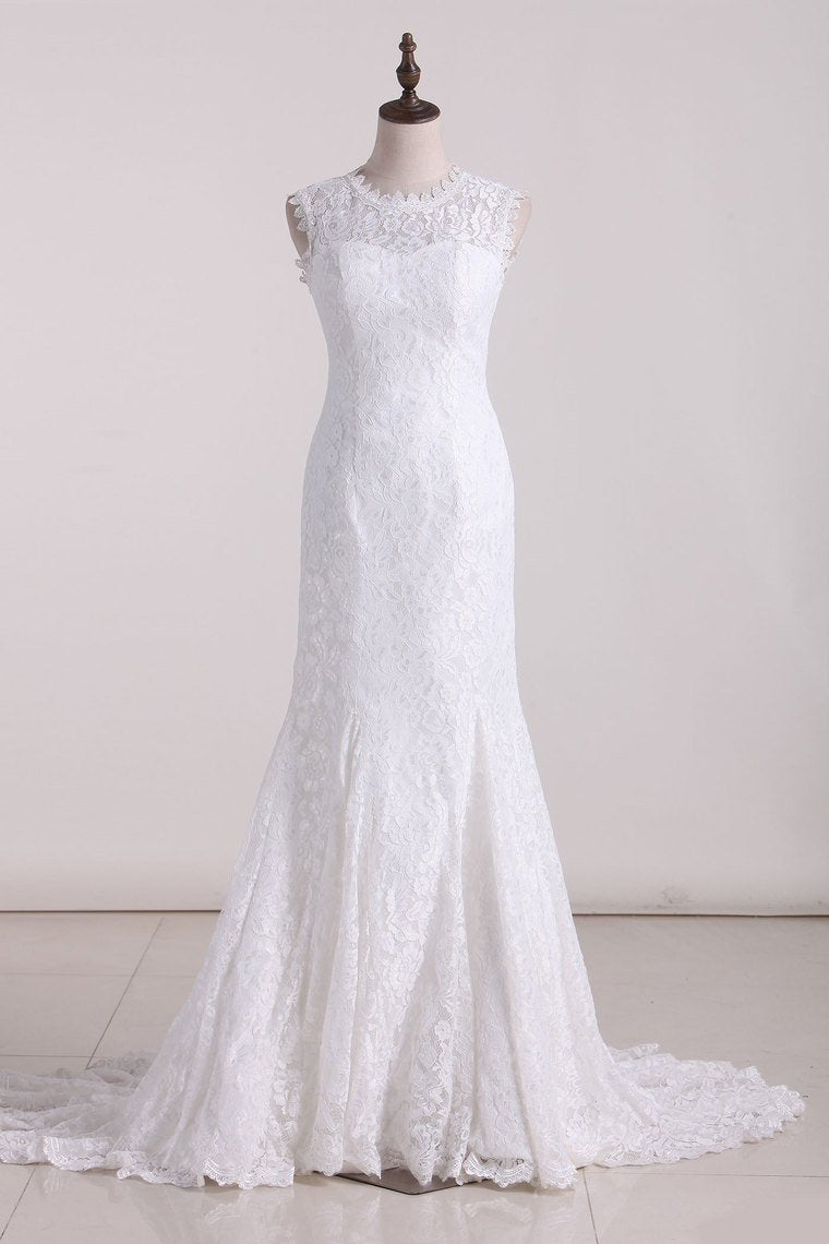 Sexy Open Back Scoop Mermaid Lace Sweep Train Wedding Dresses