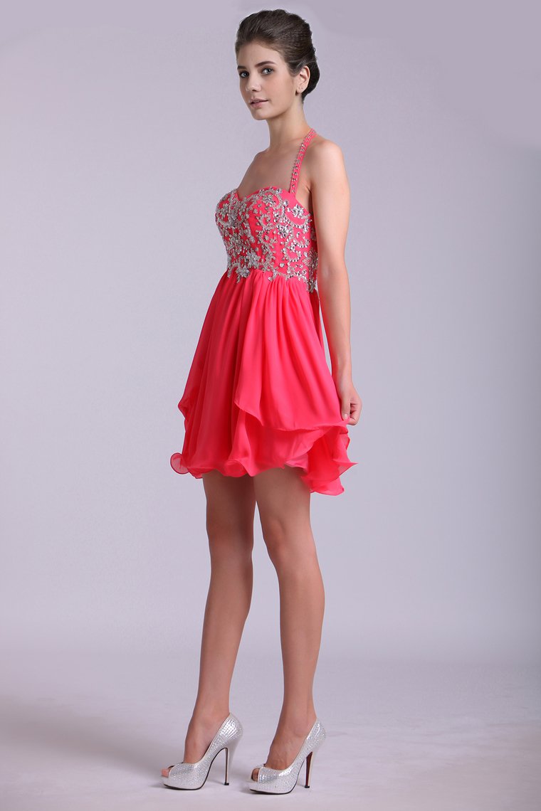 Homecoming Dresses A Line Halter Short/Mini Chiffon With Beading Sequins