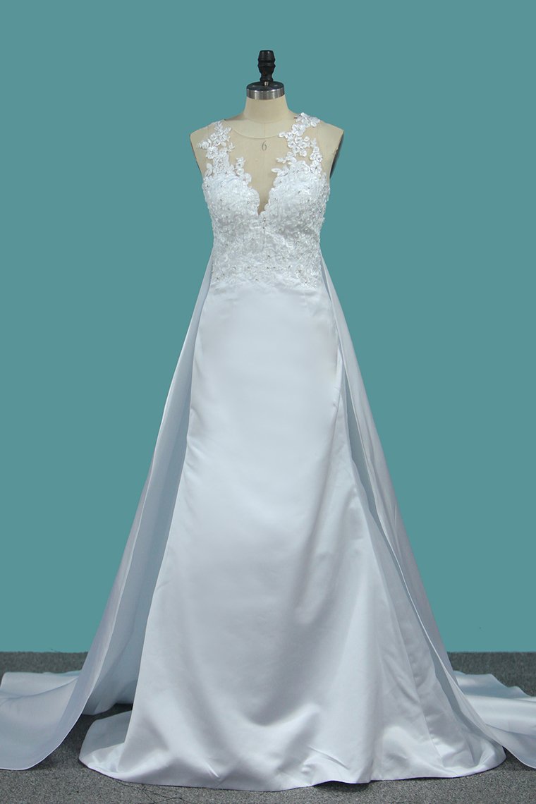 Satin Mermaid Scoop Court Train Detachable Wedding Dresses With Applique