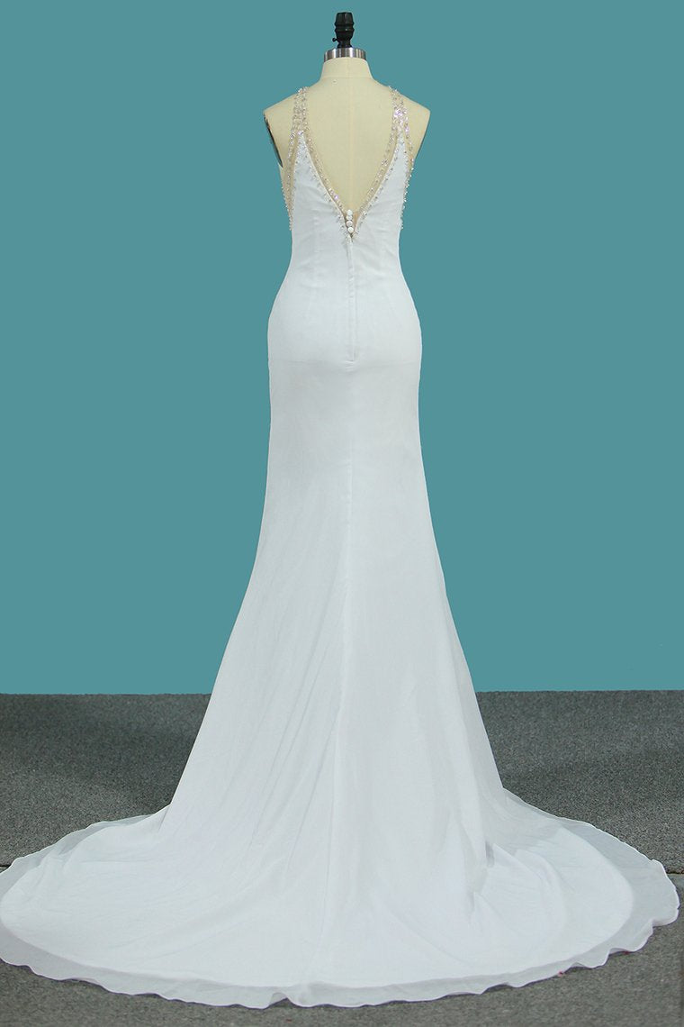 Chiffon Scoop Open Back Mermaid Wedding Dresses With Beading