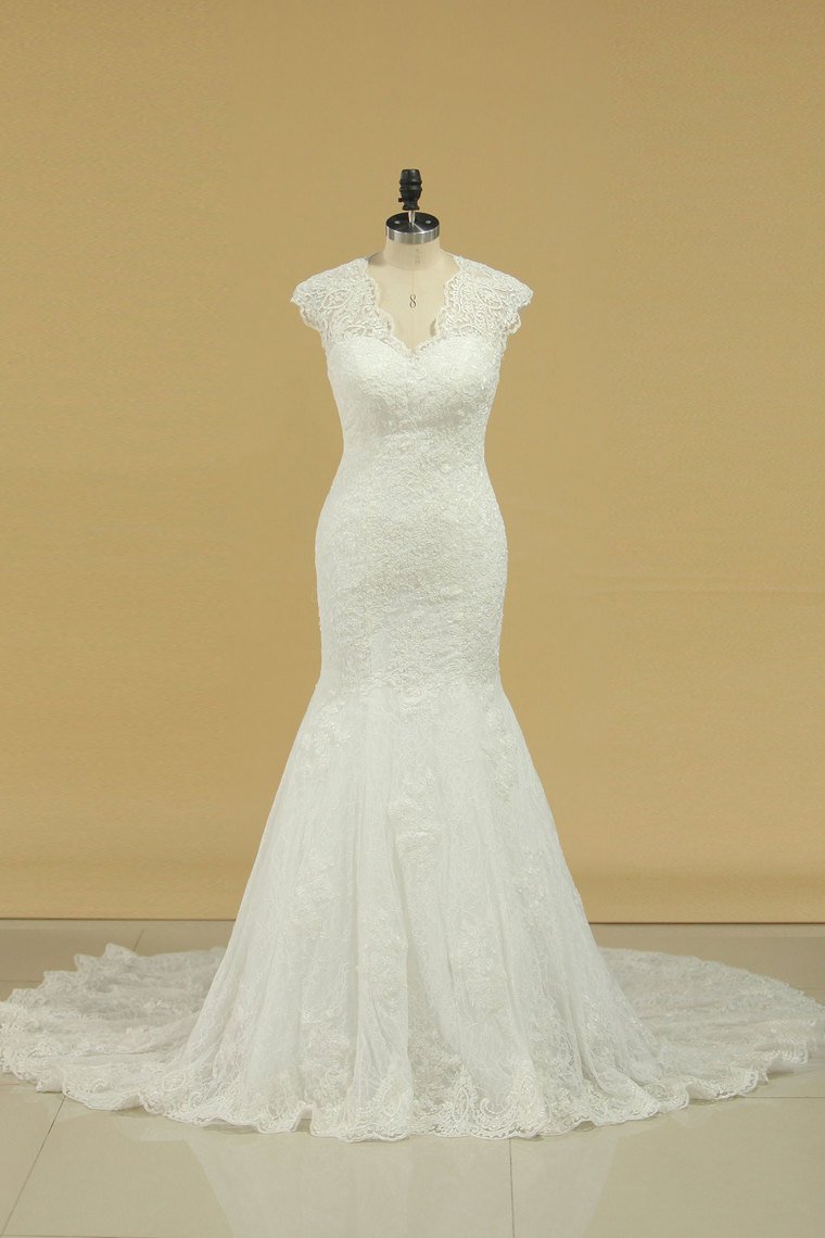 2024 Wedding Dresses V Neck Cap Sleeve With Applique Mermaid Lace